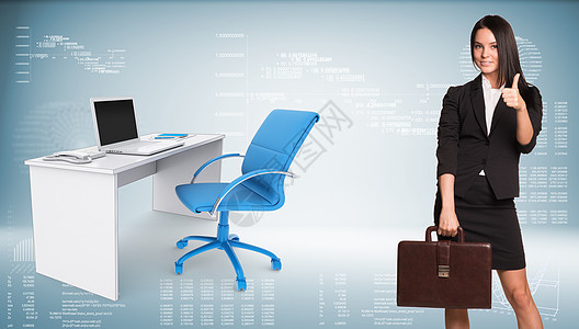 商业女商务人士显示缩略图 办公桌加上椅子和笔记本电脑 是下一个桌子工作手提箱日程人士办公椅高科技商务键盘饼形图片