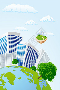 商业星球宇宙天空摩天大楼晴天漫画海报办公室地球建筑球体图片