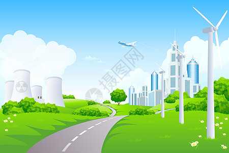 与城市风车和核电厂的绿色景观插图商业核电厂活力电源办公室建筑发电厂绿色植物摩天大楼图片