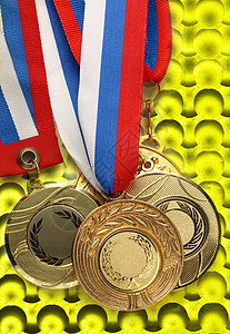 金属奖牌丝带蓝色勋章数字亚麻荣誉运动成功报酬胜利图片