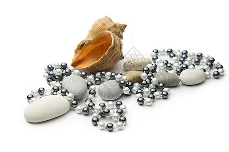 黑白珍珠和宝石的字符串珍珠项链贝壳魅力海螺财富石头团体宝藏珠子图片