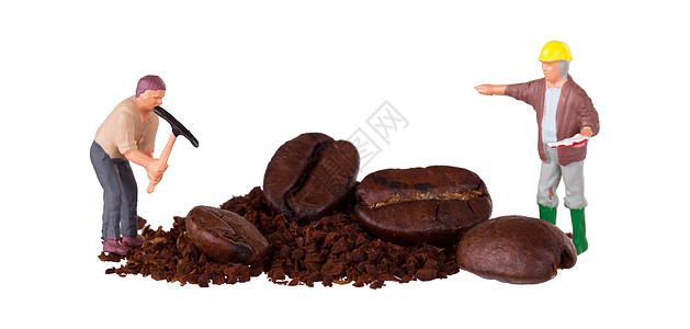 从事咖啡豆的微型工人宏观工具数字咖啡休息工作导师研磨烘烤技术图片