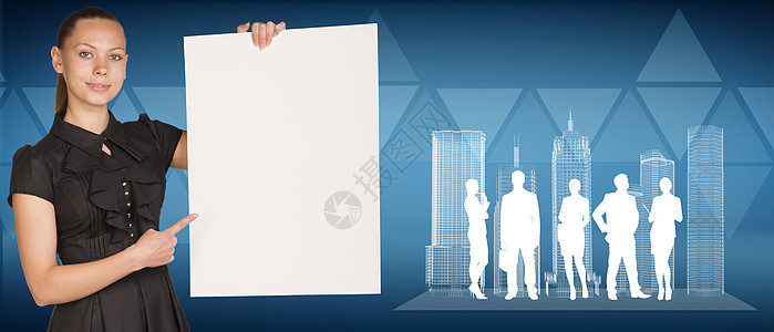 拥有空纸页 建筑物空间布局和人背影的女商务人士 作为背景材料的三角区图片