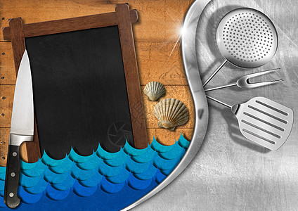 Seafood  菜单模板黑板餐厅拉丝木板食物美食波浪横幅扇贝框架图片