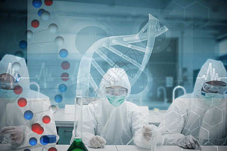 在实验室工作的化学家的复合图像 与未来界面相连接研究所计算机全息药品生物学波形团队遗传学临床女士图片
