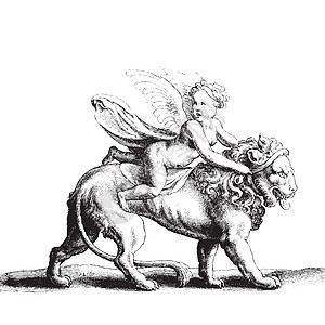 狮子上的丘比亚塔罗牌婴儿蜉蝣蚀刻神话艺术上帝手绘卡片孩子图片