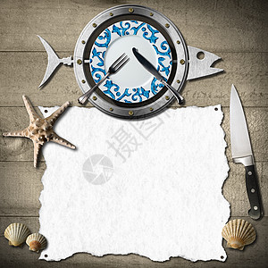 海食菜单背景海星用具黑板金属正方形桌子餐厅制品贝壳食谱图片