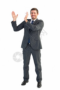 开心的商务人士举手手势手臂起重公司人士微笑男人商业男性快乐图片