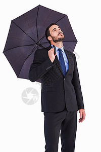 身穿西装 在寻找时拿着伞子的女商务人士职业套装庇护所男人商业公司男性人士商务图片