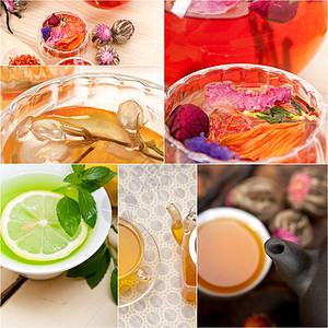 收集不同药用茶类混合混凝料作品茶壶木头拼贴画水果植物食物早餐桌子叶子图片