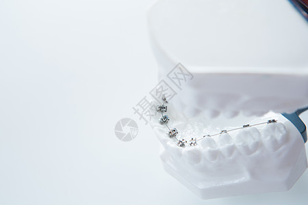 在白色的牙科下颌托架模型口服凹痕乐器技术支撑图表牙医牙齿医生修理图片