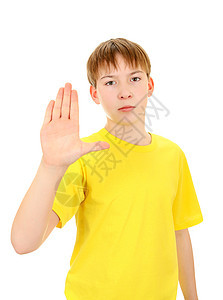 带着拒绝的手势的孩子少年时代青春期男生衬衫青少年小伙子童年棕榈信号图片
