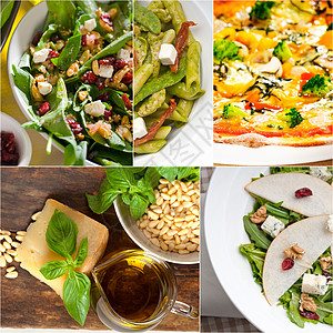 意大利食品拼贴画和意大利菜谱美食香蒜面条营养收藏作品沙拉饮食食物盘子图片