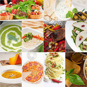 意大利食品拼贴画和意大利菜谱收藏沙拉营养叶子香蒜食物美食小吃饮食作品图片