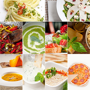 意大利食品拼贴画和意大利菜谱叶子美食面条香蒜盘子食物营养饮食收藏小吃图片