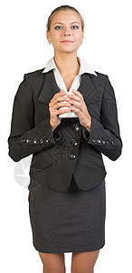 持有杯子的女商务人士工作马尾辫女性长度职业照片女士快乐员工工作室背景图片