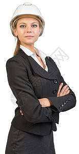 身戴硬帽子的女商务人士 她的双臂交叉胸怀安全帽员工预防女性工作室职业安全照片工程师工作图片