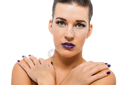 有紫色嘴唇和指甲的有美貌 有魅力的女人护理女孩皮肤思维化妆品洗漱外貌沙龙优美搪瓷图片