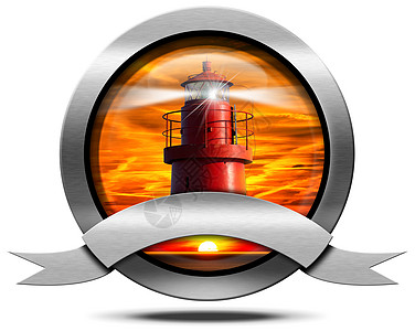 红灯塔金属图标圆圈警告水手日落丝带海滨勘探海洋冒险探照灯图片