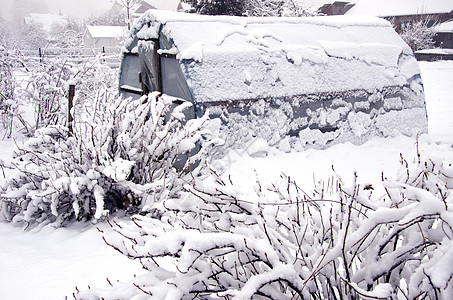 冬中花园的雪塑料温室温室农场植物建筑家园花园园艺场景鸡舍村庄场地图片