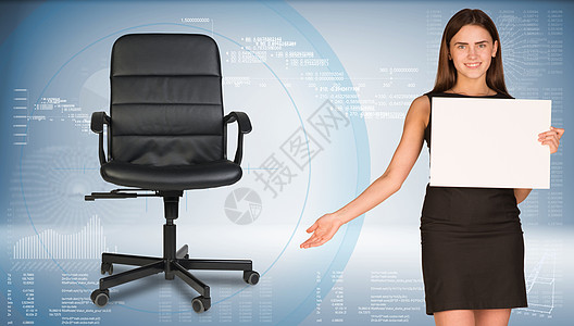 拥有空白纸页 旁边空办公椅的女商业妇女 以高科技图表作为背景图片
