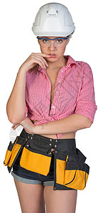 戴硬帽 戴保护眼镜和戴工具带的妇女预防衬衫维修照片工作服装修安全工作工人样子图片