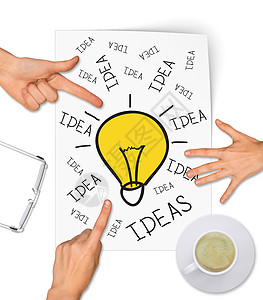 表达创造性思想概念的拼合观念手指团队眼镜床单咖啡杯灯泡咖啡统治者创造力拼贴画图片