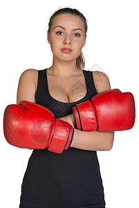 妇女用手交叉胸怀的拳击手套女性围巾工作室马弗炉照片冒充长发黑色衬衫运动装图片