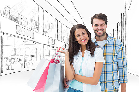 幸福的情侣与购物袋的综合形象快乐感情门厅衬衫微笑夫妻混血开支零售购物图片