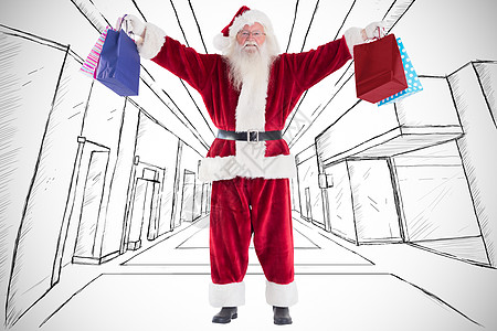 圣诞老人的复合图像装着一些口香糖袋男性假期办公室建筑学草图快乐胡须喜庆插图铅笔图片