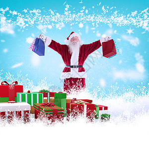 圣诞老人的复合图像装着一些口香糖袋天气胡须快乐礼物微笑假期绘图蓝色寒意喜庆图片