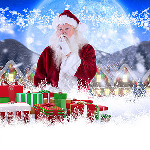 圣诞老人的复合图像要求安静到摄像头丝带礼物嘴唇秘密假期绘图雪花金子村庄下雪图片