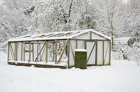 冬季中冬农场花园的雪塑料温室温室图片