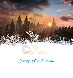 圣诞节贺卡太阳枞树计算机日落雪花森林框架草书字体环境图片