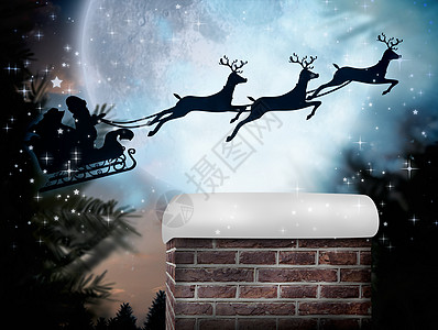 圣诞老人骑着雪橇飞翔的复合图像云计算驯鹿树木跳跃礼物烟囱森林星星阴影数码图片