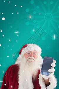 Santa Claus的复合图像显示智能手机微笑喜庆假期快乐星星风暴电话技术下雪天气图片