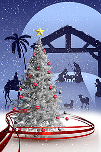 圣诞节树的复合图像辉光画面紫色快乐月亮婴儿床下雪枞树牧羊人马槽图片