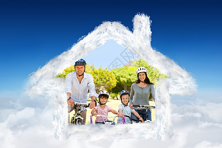 家庭骑自行车的复合形象女孩快乐花园闲暇公园农村草地后院环境男性图片