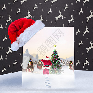 向村庄赠送圣诞老人礼物的复合图像村庄下雪假期脚印快乐天气海报星星绘图男性图片