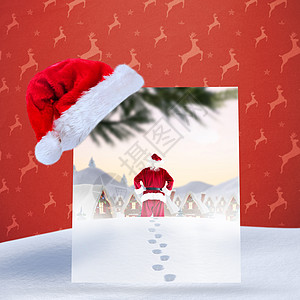 向村庄赠送圣诞老人礼物的复合图像计算机月亮包装纸脚印村庄男性橙子潮人假期绘图图片