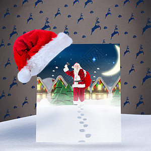 向村庄赠送圣诞老人礼物的复合图像脚印驯鹿标语快乐墙纸男性潮人解雇月亮房子图片