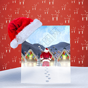向村庄赠送圣诞老人礼物的复合图像脚印月亮标语驯鹿潮人快乐墙纸解雇男性村庄图片