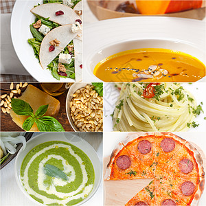 意大利食品拼贴画和意大利菜谱沙拉食物美食作品饮食叶子营养面条盘子香蒜图片