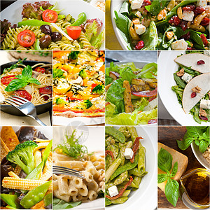 意大利食品拼贴画和意大利菜谱叶子香蒜盘子饮食收藏作品营养小吃美食面条图片