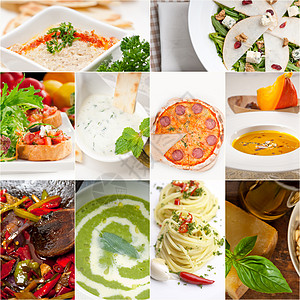意大利食品拼贴画和意大利菜谱叶子饮食沙拉盘子美食收藏面条小吃营养作品图片