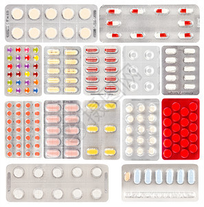 一套药片装在一个塑料泡泡包里 白色背景图片