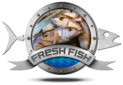 新鲜鱼  金属图标海洋美食动物食物波浪鲷鱼舷窗圆圈插图质量图片