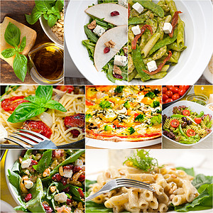 意大利食品拼贴画和意大利菜谱食物小吃沙拉叶子盘子美食作品饮食香蒜面条图片