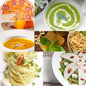 意大利食品拼贴画和意大利菜谱叶子面条营养盘子香蒜饮食美食收藏沙拉作品图片