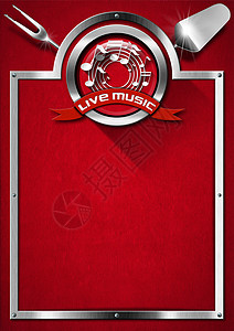 红色海报背景现场音乐和食品菜单设计娱乐丝带卡拉ok午餐食物节日音乐会用具餐厅美食背景